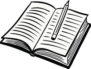 Open book with pencil and ruler black and white illustration writing vector illustration EPS file download.
