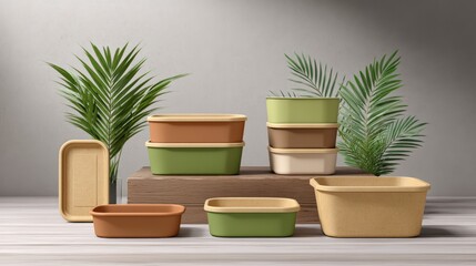 Biodegradable food container showcased in a wood-and-glass minimalist home, organic textiles, diffused top-light, terracotta and off-white, clean commercial composition, eco-conscious branding,