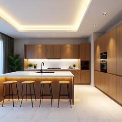 Modern kitchen design with sleek wood cabinetry and island seating creates inviting culinary space for family living and entertaining with style