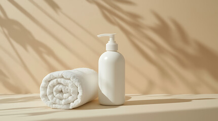 Serene spa day essentials with soft towel and bottle, perfect for relaxation and wellness marketing, showcasing purity and simplicity in self-care rituals