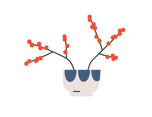 Christmas holiday decoration. Red berry branches in pot, vase. Festive decor, Xmas plant, winter seasonal natural ornament, sprigs, twigs. Flat vector illustration isolated on white background