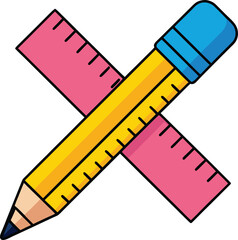Yellow pencil and pink ruler crossed on white background blue vector illustration EPS file download.
