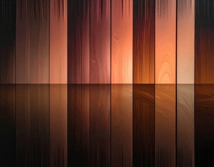 Vertical wooden planks reflecting in mirrored surface, warm tones and gradient colors