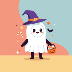 illustration of a ghost costume carrying a candy basket