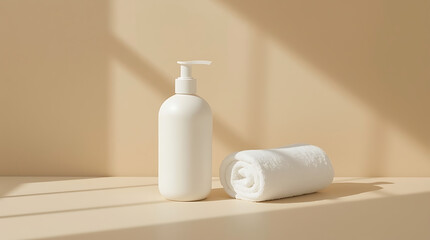 Soothing spa vibes with a fresh towel and luxurious lotion, perfect for wellness, self-care, and beauty advertising in a minimalist, modern style