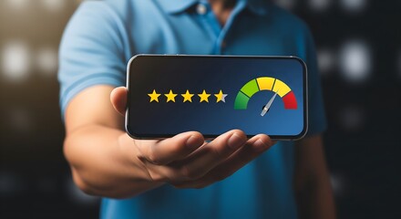 Person holding smartphone displaying five star rating and gauge meter