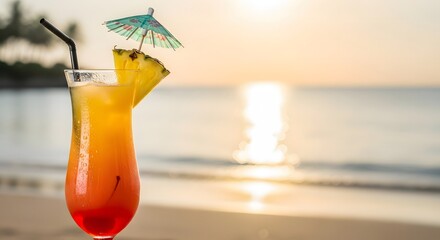 Obraz premium Colorful tropical cocktail with pineapple and umbrella on beach at sunset relaxation