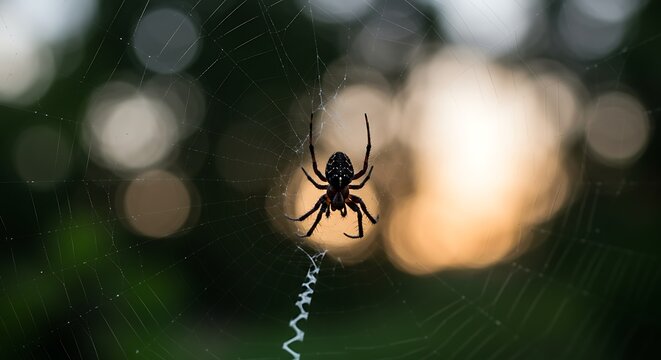 Spider in web silhouette against bokeh background sunlight