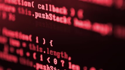 Close up of red computer screen with programming code, hacker cyber attack background, malware virus, data breach, cybersecurity hacking concept, dark digital security threat visualization - Powered by Adobe