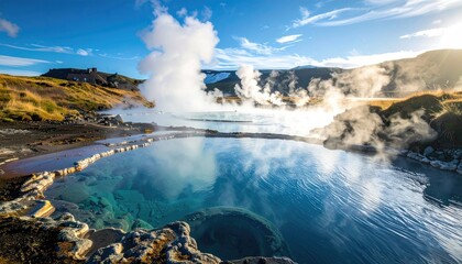 Scenic Blue Thermal Pool with Rising Steam Under Bright Sky at Icelandic Geothermal Area
