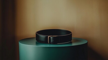 A black belt is sitting on a green pedestal. The belt is made of leather and has a buckle. The belt is positioned in front of a wall, and the room has a warm, earthy tone