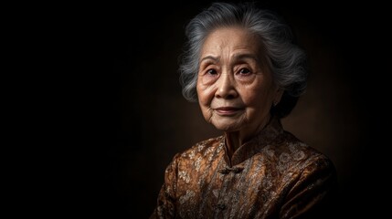 A woman with gray hair and a brown jacket is smiling. She is wearing a traditional Chinese dress