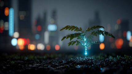 Small plant, illuminated with glowing blue light, contrasted against a blurred city skyline at night