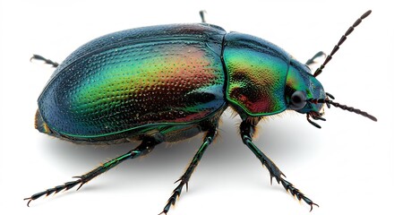 Naklejka premium Macro shot reveals a stunning iridescent beetle displaying its shimmering green blue metallic shell