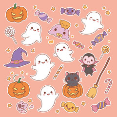 Cute cartoon animal faces in a seamless vector pattern background with Halloween pumpkins for a fun baby or kid's wallpaper design