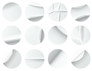 Twelve white circular stickers, peeling at edges, arranged in a grid on black