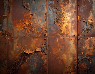 Close-up of weathered metal panels with extensive rust and peeling layers