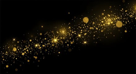 Golden sparkles and bokeh lights flowing on black background abstract celebration
