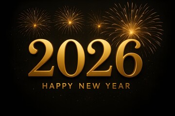 Golden 2026 shines on black with fireworks. Celebratory backdrop for posters, greeting cards, and party flyers.