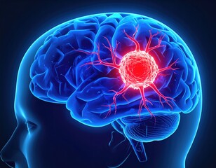 Blue translucent brain model with a bright red growth and surrounding vasculature