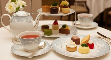 Elegant afternoon tea with delicate pastries and floral decorations