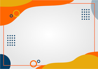 A modern abstract background with a thin red-orange border framing a light gray space. The design uses vibrant orange, yellow, and navy blue elements in organic waves and Memphis-style geometric shape