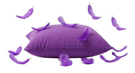 Purple pillow with scattered feathers for relaxation and comfort isolated PNG with Transparent Background