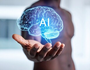 A person holds a glowing brain graphic labeled AI, signifying artificial intelligence
