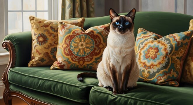 Siamese cat with blue eyes sitting on a green sofa with decorative pillows