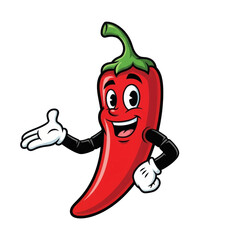 A vibrant cartoon red chili pepper character with a friendly smile and welcoming gesture, featuring a green stem and white gloves, on a white background.