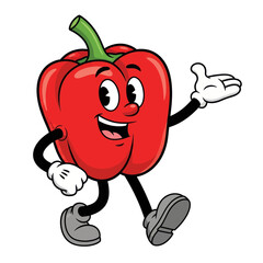 Cartoon illustration of a smiling red bell pepper character with arms, legs, and shoes, gesturing with a hand.