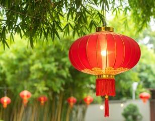 Obraz premium Red lantern hanging amongst green bamboo