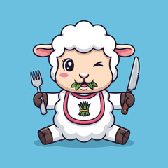 Cute cartoon sheep character winking and eating asparagus with a fork and knife, wearing a bib on a blue background.