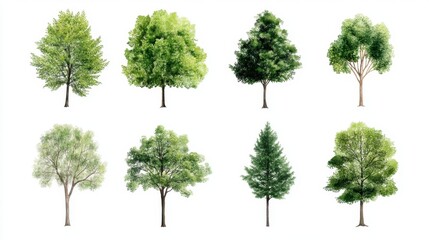 Set of different green tree vector illustrations isolated on white background, minimal and fresh