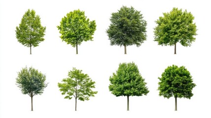Set of different green tree vector illustrations isolated on white background, minimal and fresh