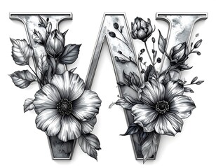 Monogrammed letter 'W' adorned with detailed floral illustrations