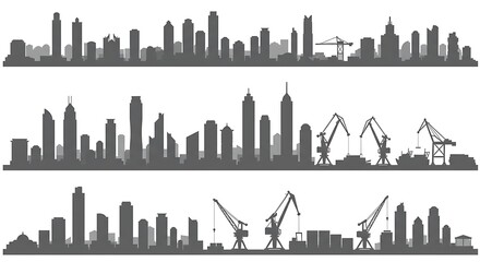 Fototapeta premium Urban skyline silhouettes featuring buildings and construction cranes for design