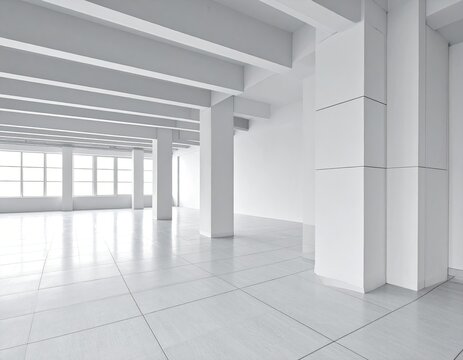 Bright, open, white interior with structural beams, columns, and expansive windows