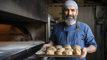 Smiling baker holding freshly baked artisan bread in rustic bakery interior