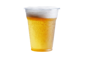 A plastic cup of beer with foam on top