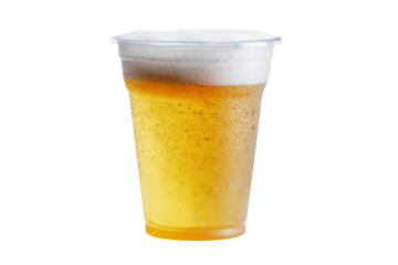 A plastic cup of beer with foam on top