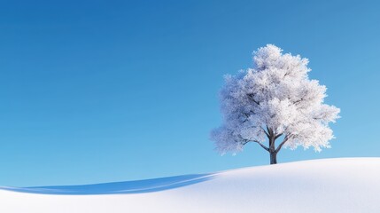 Single frost-covered tree standing on a snowy hill beneath a crystal-clear blue sky