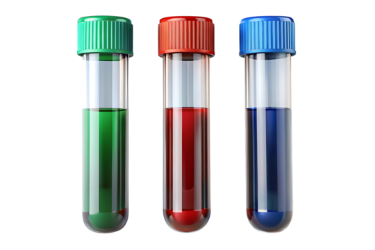 Three Laboratory Test Tubes with Colorful Liquid Samples for Scientific Analysis and Medical Research