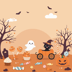 Spooky Halloween background vector illustration featuring owls, a cartoon pumpkin, a black cat, bats, and a scary witch hat design set