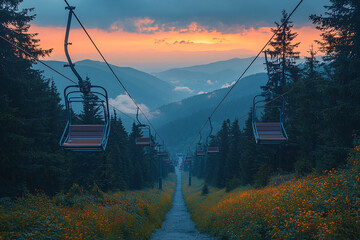 A scenic view of an empty chairlift descending through a forested valley at sunset, with mountains and a colorful sky in the background.
