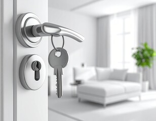 Open door with keys, blurred bright interior featuring sofa and plant