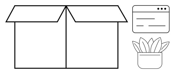 Open cardboard box, website interface, and indoor plant visualizing storage, digital tools, growth, creativity, eco-friendliness, e-commerce, organization and minimalism with a simple flat metaphor