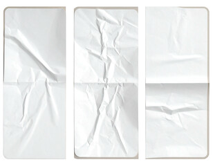 Three rectangular sheets of white, folded and creased paper, set against black borders
