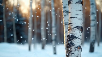 Snow falling gently around slender birch trees in a quiet forest, soft light filtering through