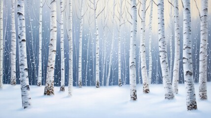 Snow falling gently around slender birch trees in a quiet forest, soft light filtering through